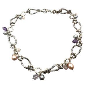 Michael Dawkins Sterling Silver Amethyst Pearl Necklace 17 Inch 70 Grams
